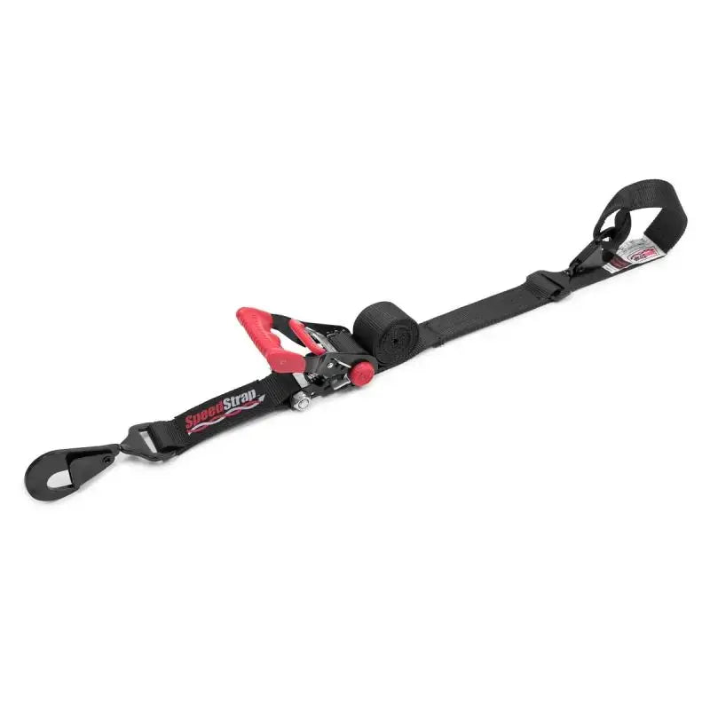 Black 2in x 6ft ratchet tie-down strap with red handle and hook for secure cargo