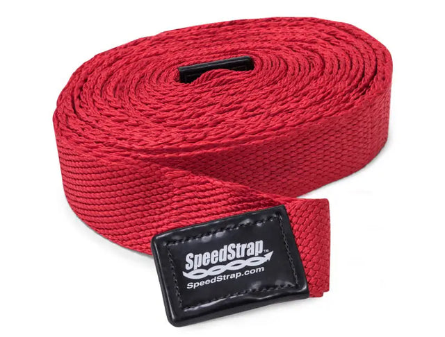Red nylon recovery strap roll with black buckle for SpeedStrap 2In Big Daddy Weaveable Recovery Strap
