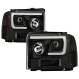Black projector LED headlights for Ford Super Duty F250/350/450 with white daytime running lights