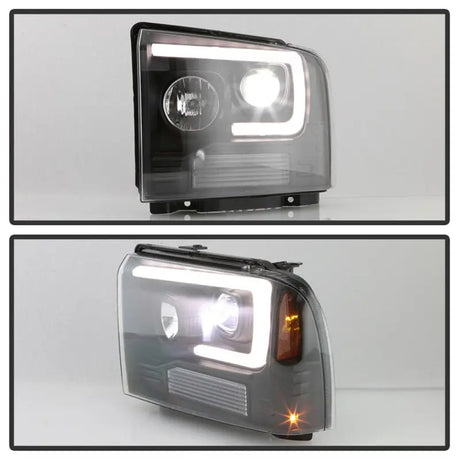 Black projector LED headlights with daytime running lights and amber turn signals for Super Duty trucks
