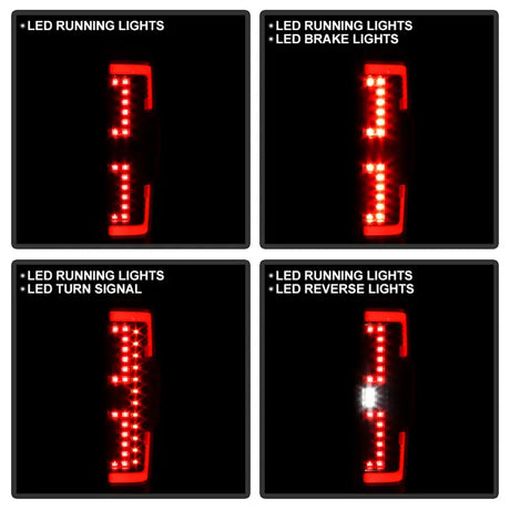 Four illuminated LED tail lights showing different functions for Ford F250 SD LED tail lights