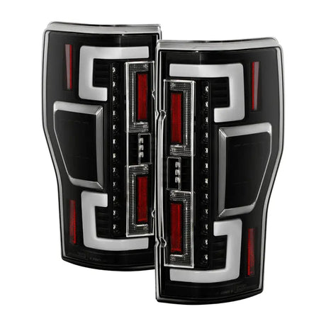 Black and chrome LED tail lights with red and white accents for Ford F250 SD