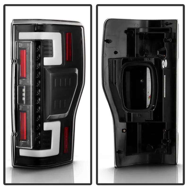 Black LED tail lights with white C-shaped bars and red accents for Ford F250 SD