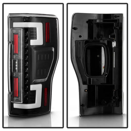 Black LED tail lights with white C-shaped bars and red accents for Ford F250 SD