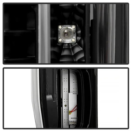 Exposed internal components of Spyder Apex LED tail lights for Ford F250 SD