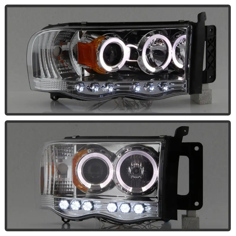 Chrome projector headlights with halo rings for Spyder Dodge Ram 1500 and 2500 models