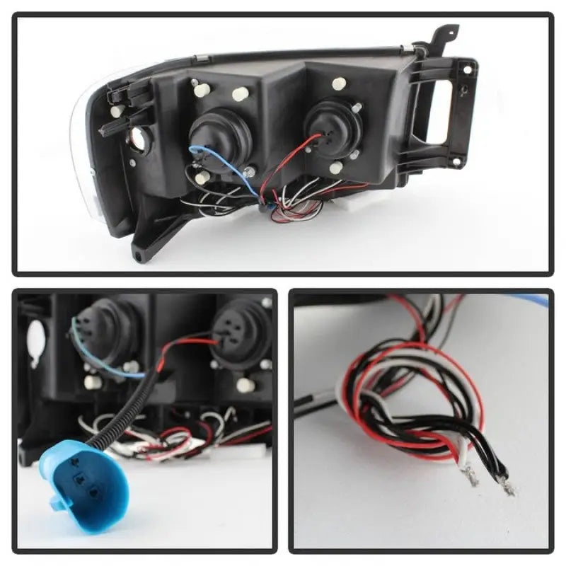 Automotive headlight assembly with wiring for Spyder Dodge Ram 1500 and 2500 models