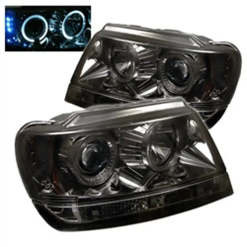 Pair of dark projector headlights for Jeep Grand Cherokee 99-04 with LED halo and smoke