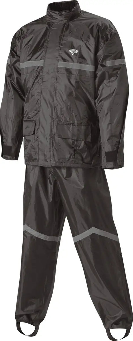 Stormrider SR-6000-BLK-04-XL Rain Suit Black. Two-piece waterproof rain suit with reflective striping. Full-length zipper with Velcro® storm flap on the jacket. Elasticized waist and cuffs with Velcro® tabs. Elasticized waistband and cuffs with oversized zipper gussets on pants. Durable polyester outer shell with PVC backing.