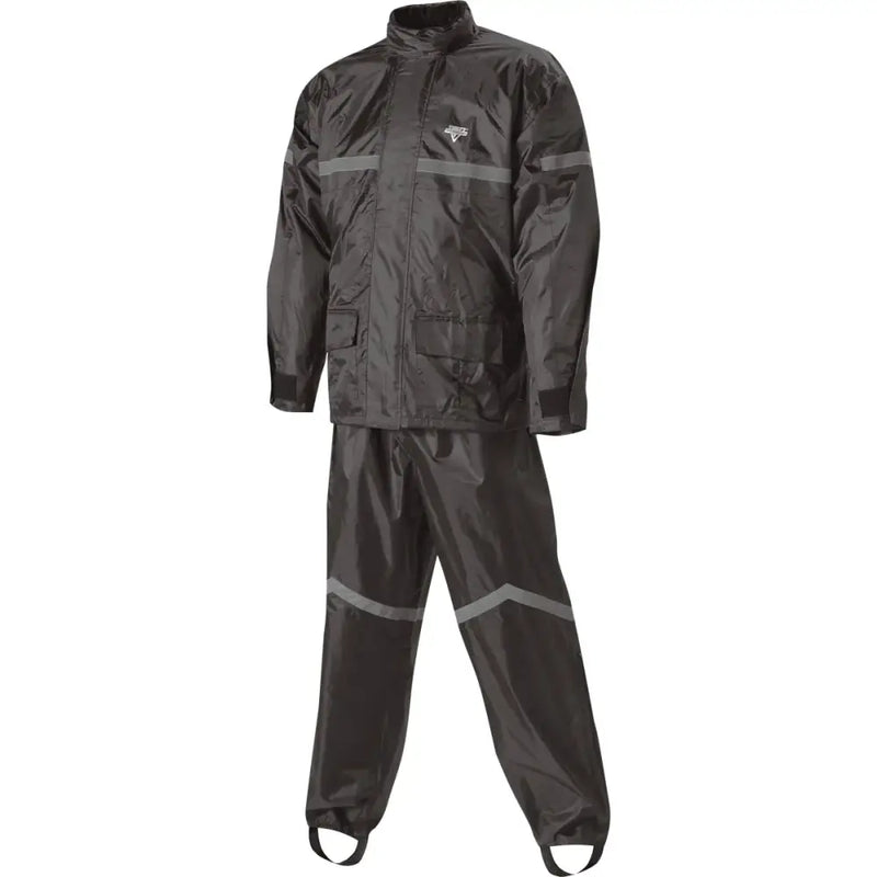 Stormrider SR-6000-BLK-04-XL Rain Suit Black. Two-piece waterproof rain suit with reflective striping. Full-length zipper with Velcro® storm flap on the jacket. Elasticized waist and cuffs with Velcro® tabs. Elasticized waistband and cuffs with oversized zipper gussets on pants. Durable polyester outer shell with PVC backing.