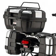 Motorcycle with matte black hard luggage mounting hardware for top case and panniers