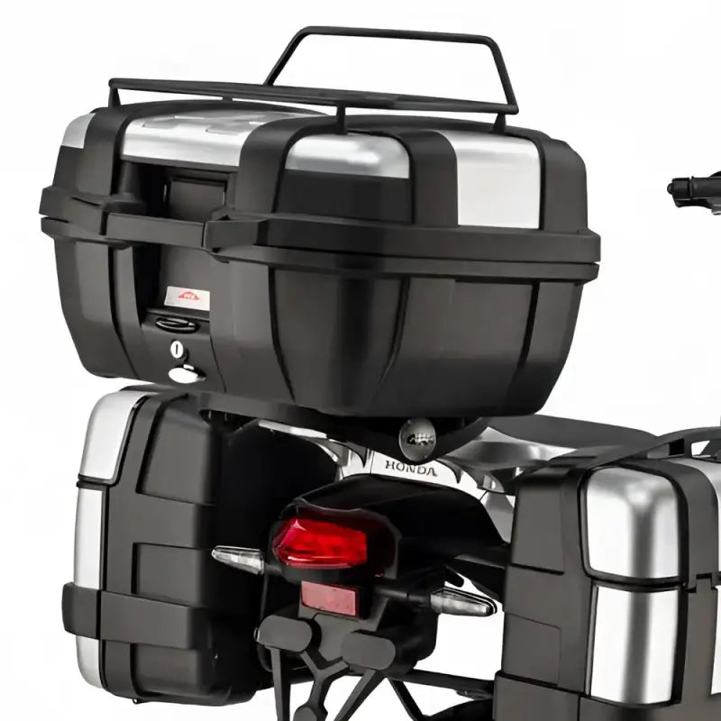 Motorcycle with matte black hard luggage mounting hardware for top case and panniers