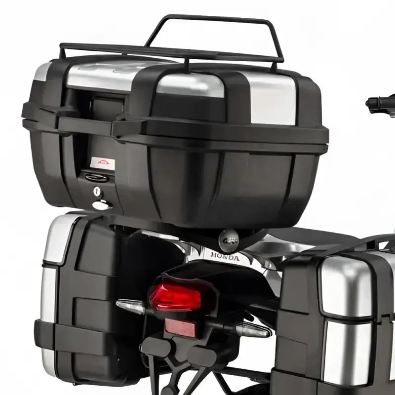 Motorcycle with matte black hard luggage mounting hardware for top case and panniers