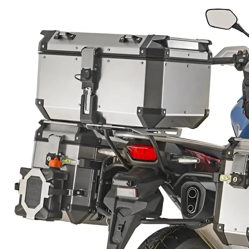 Silver aluminum motorcycle panniers and top case for hard luggage mounting hardware