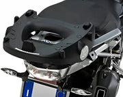 Matte black motorcycle top case mounting plate for hard luggage mounting hardware