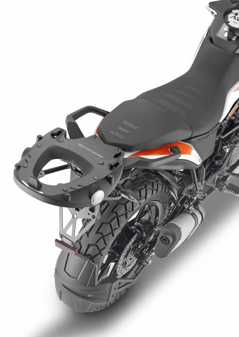 Motorcycle with luggage rack using SR7711 Top Case Hardware for matte black hard luggage mounting