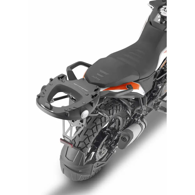 Motorcycle with luggage rack using SR7711 Top Case Hardware for matte black hard luggage mounting