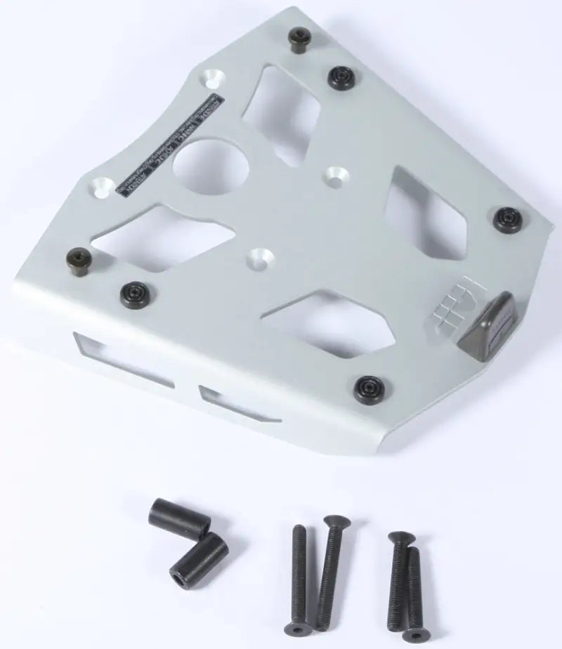 Light grey metal base plate with cutouts and black screws for SRA5103 Top Case Hardware, perfect for hard luggage mounting and luggage mounting hardware in matte black style