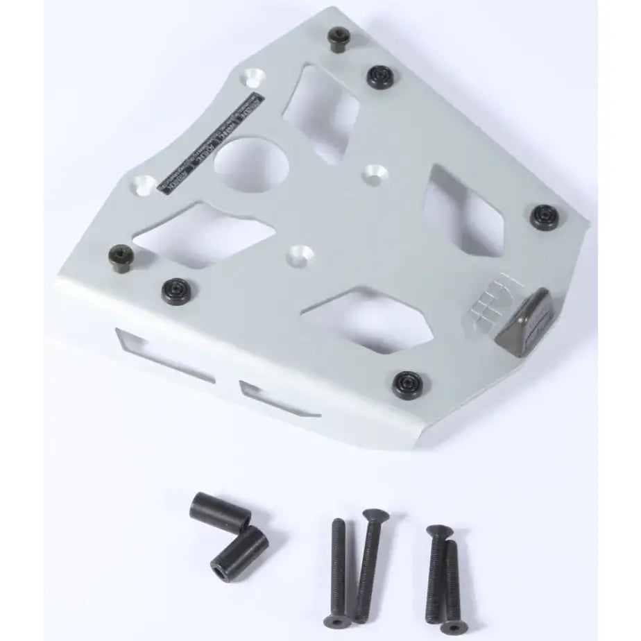 Light grey metal base plate with cutouts and black screws for SRA5103 Top Case Hardware, perfect for hard luggage mounting and luggage mounting hardware in matte black style