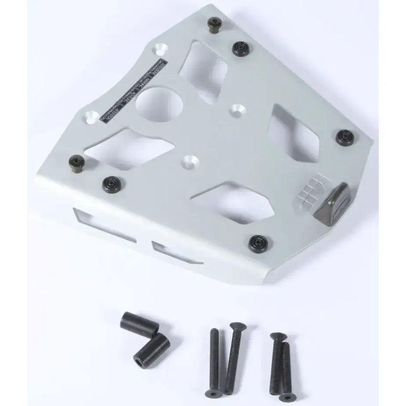 Light grey metal base plate with cutouts and black screws for SRA5103 Top Case Hardware, perfect for hard luggage mounting and luggage mounting hardware in matte black style