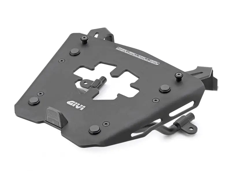 Black metal motorcycle top case rack with matte black luggage mounting hardware