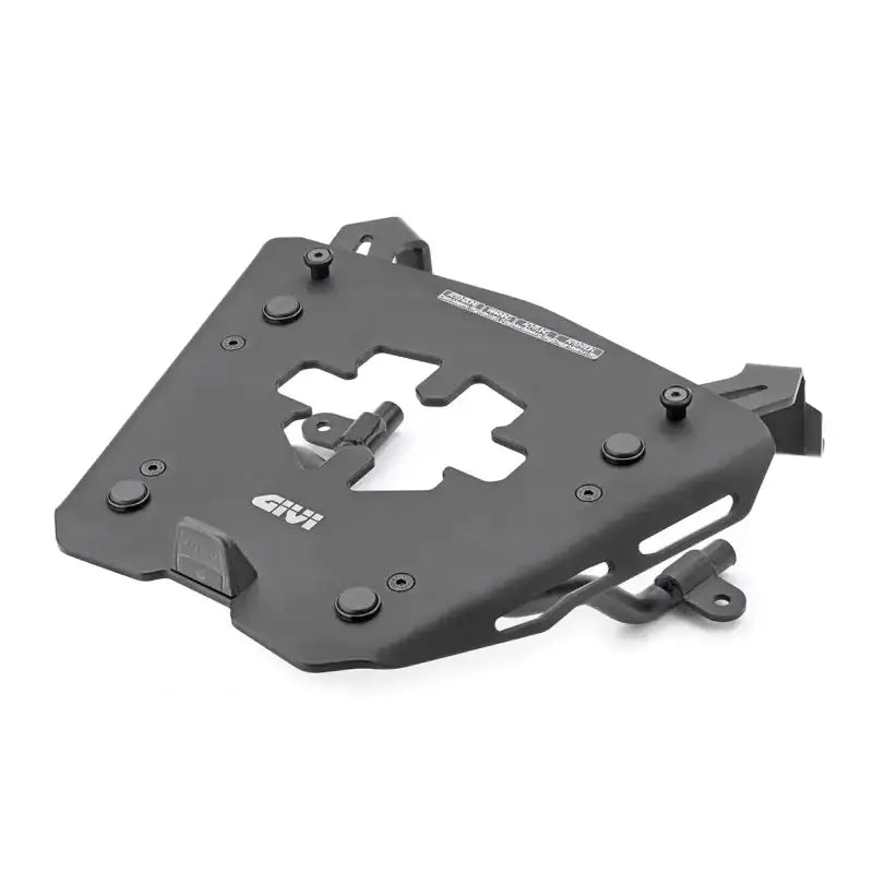 Black metal motorcycle top case rack with matte black luggage mounting hardware