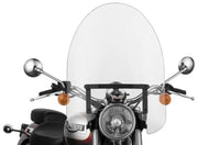 Motorcycle with clear windshield and chrome mirrors featuring quick release mounting for easy install