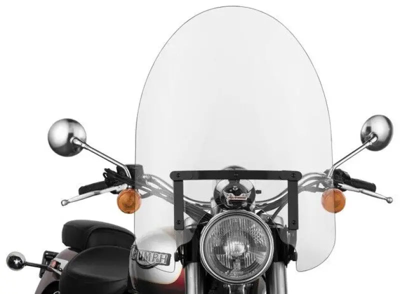 Motorcycle with clear windshield and chrome mirrors featuring quick release mounting for easy install