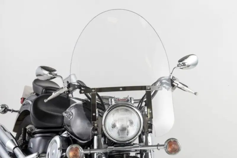 Classic cruiser motorcycle with clear windshield featuring quick release mounting for easy removal