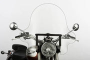 Motorcycle with clear windshield and chrome handlebars featuring quick release mounting SS-32-20CWQB