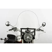 Motorcycle with clear windshield and chrome handlebars featuring quick release mounting SS-32-20CWQB