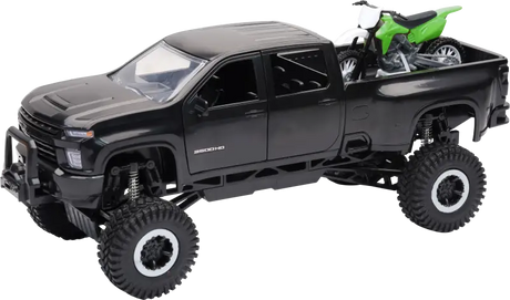 NEW-RAY SS-37596 1:20 Scale Chevrolet 3500 Hd Offroad Pickup W/Grn Dirt Bike