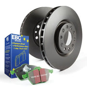 Dark gray vented brake discs with green pads in EBC Stage 11 Kits Greenstuff 2000 with thermic black coating