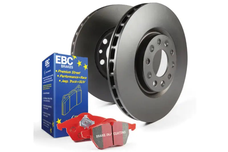 Dark grey ventilated brake discs, EBC Brakes box, red brake pads, Stage 12 Kits Redstuff