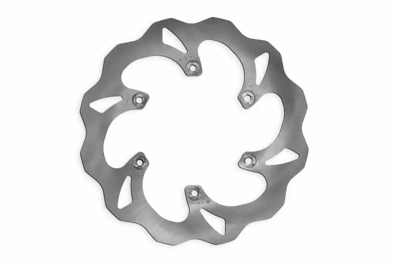 Silver fluted six-bolt motorcycle brake rotor for standard size rear wave rotor bikes