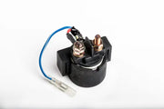 Black starter solenoid with blue wire and brass terminals for vehicle’s starting OEM specs