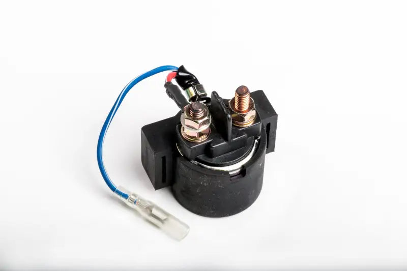 Black starter solenoid with blue wire and brass terminals for vehicle’s starting OEM specs