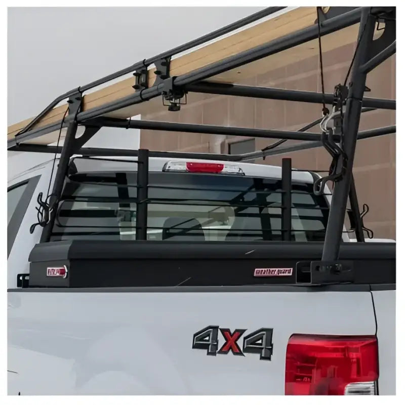 Steel Truck Rack Cab Protector with Coating installed on a white truck; premium steel construction for durable, heavy-duty protection in various weather conditions; ideal for RV, automotive, powersports, off-road, marine, exterior, truck accessories, interior, truck bed, and RV parts; AVADA - Best Sellers