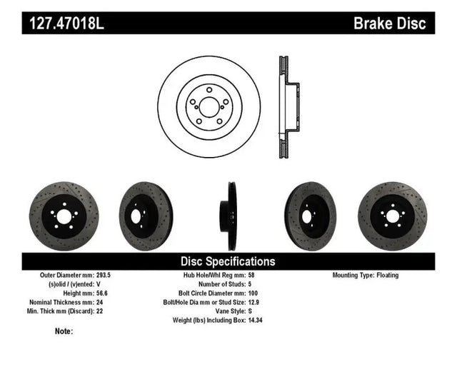 Stoptech StopTech 02-10 Subaru WRX Slotted & Drilled Left Front Rotor (exc. STi)