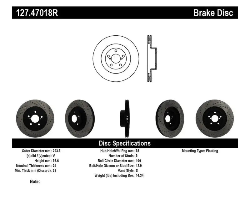 Stoptech StopTech 02-10 Subaru WRX Slotted & Drilled Right Front Rotor (exc. STi)