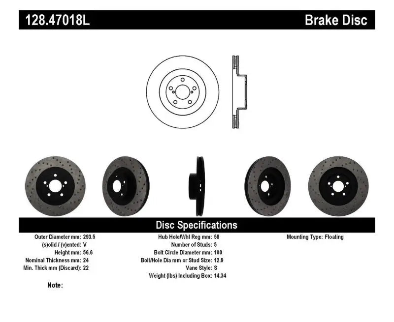 Brake disc with specifications for StopTech 02-10 WRX Drilled Left Front Rotor showing drilled left design