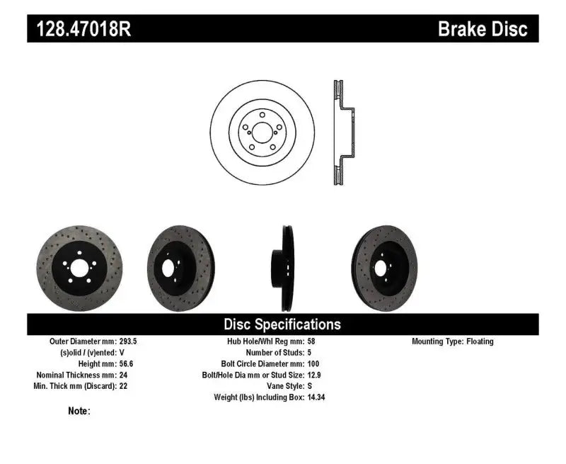 Brake disc specs diagram for StopTech 02-10 WRX drilled sport rotor front right