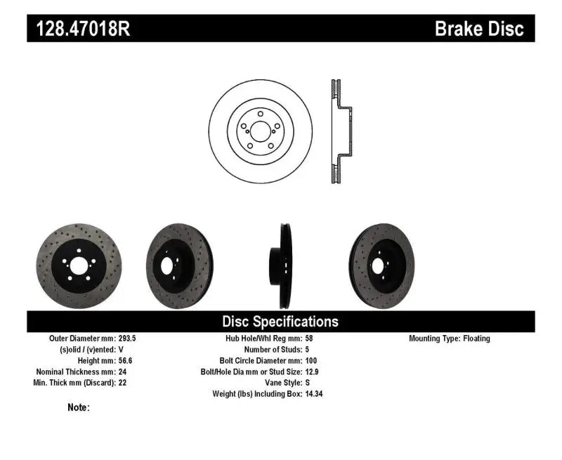 Diagram of StopTech drilled sport rotor specs for WRX drilled front brake disc
