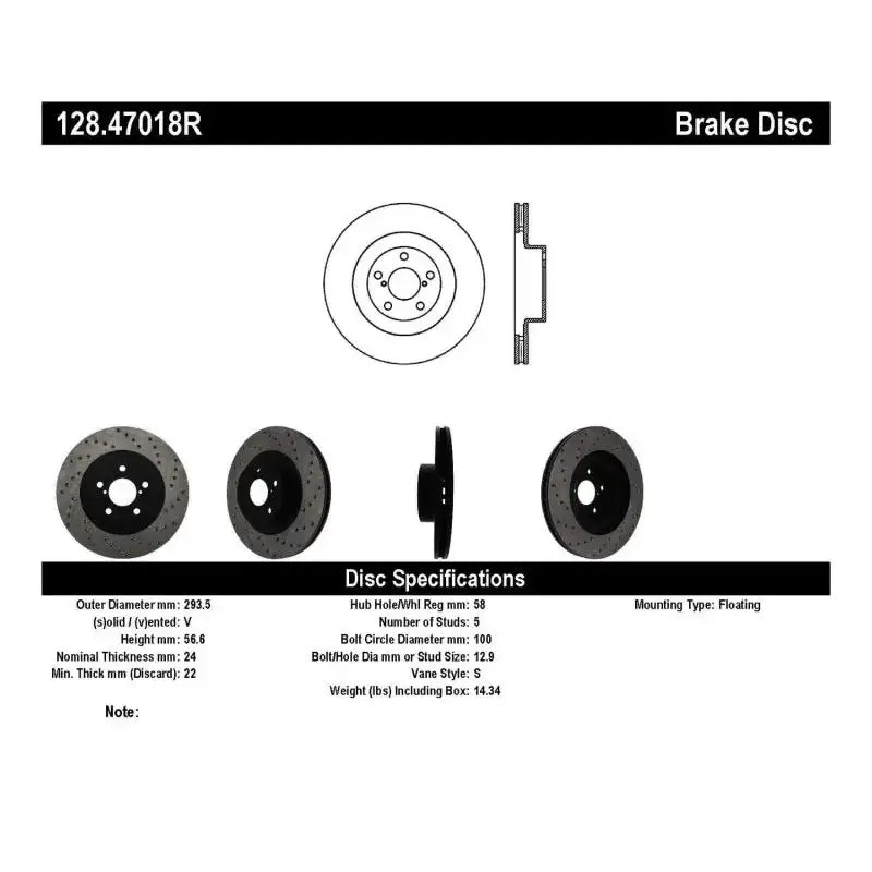 Brake disc specs diagram for StopTech 02-10 WRX drilled sport rotor front right