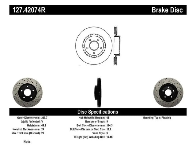 Stoptech StopTech 1/02-05 Infiniti G35 (alloy disc) / 6/02-05 Nissan 350Z Slotted & Drilled Right Front Rotor