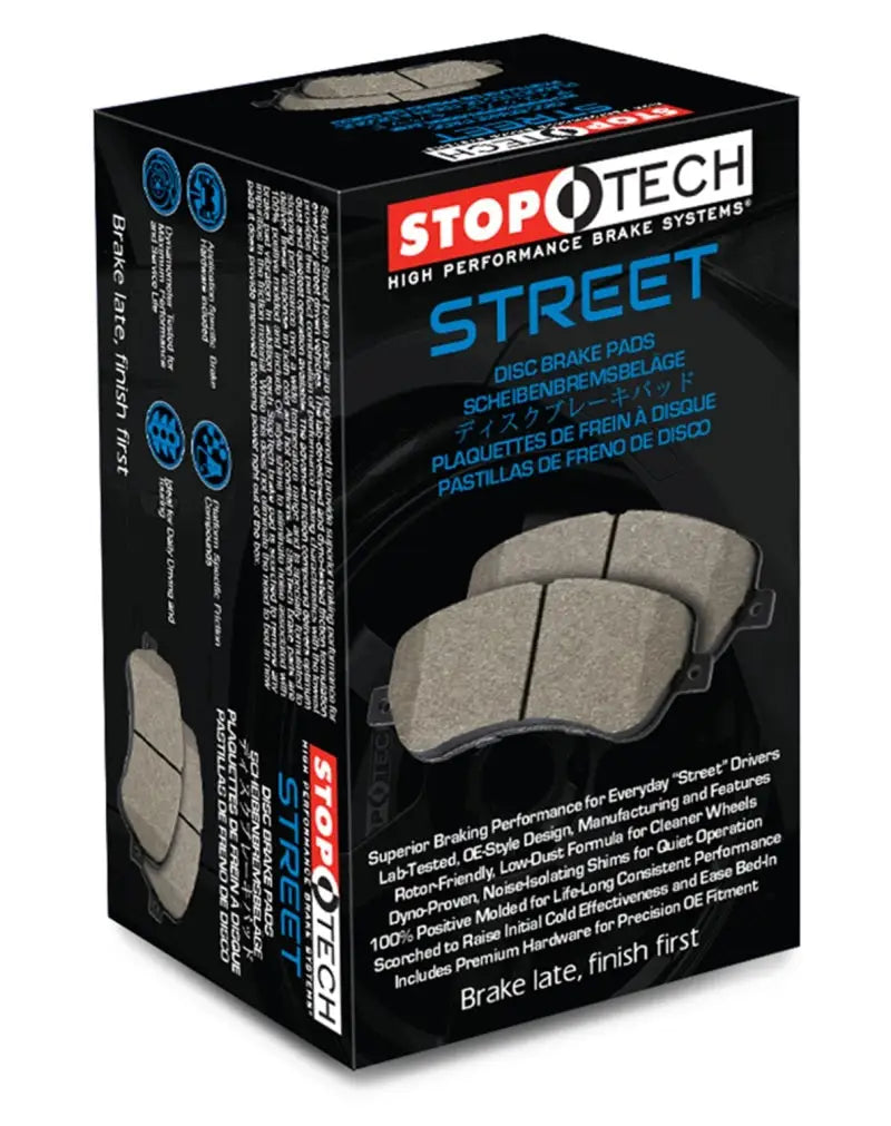 StopTech black and gray street brake pads for 2015-2018 Ford Mustang front