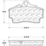 Brake pads with dimensions for StopTech Performance 97-04 Porsche Boxster rear brake pads