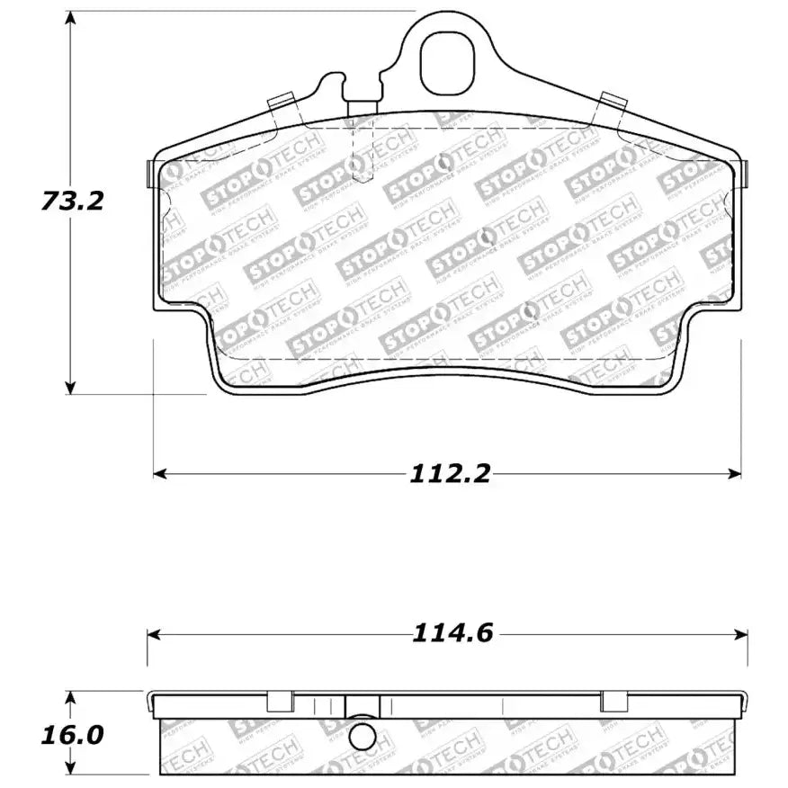Brake pads with dimensions for StopTech Performance 97-04 Porsche Boxster rear brake pads