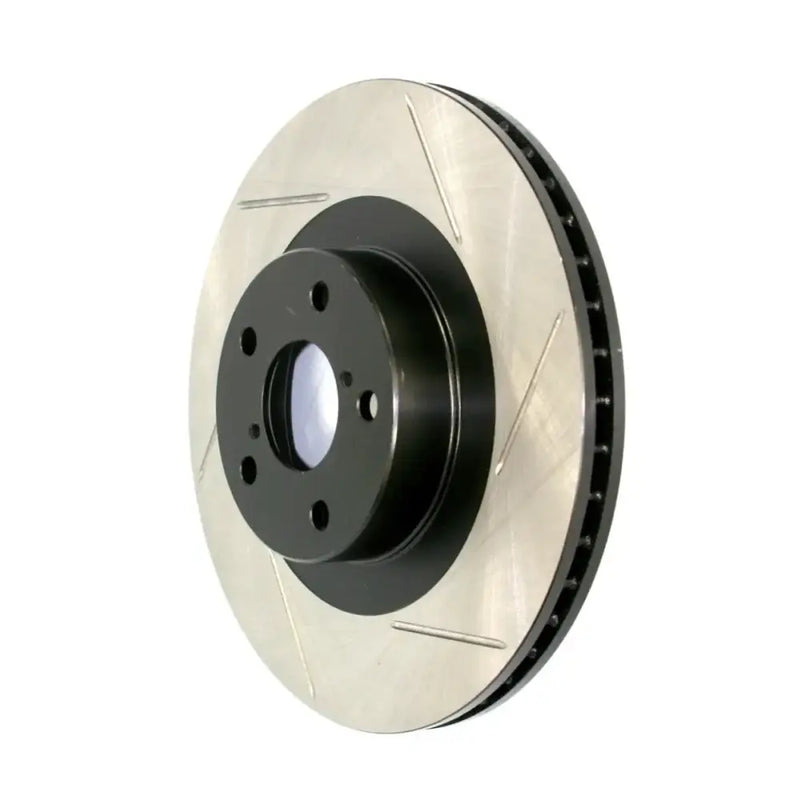 Vented and slotted StopTech Power Slot rear right CRYO rotor with black hub for Mustang