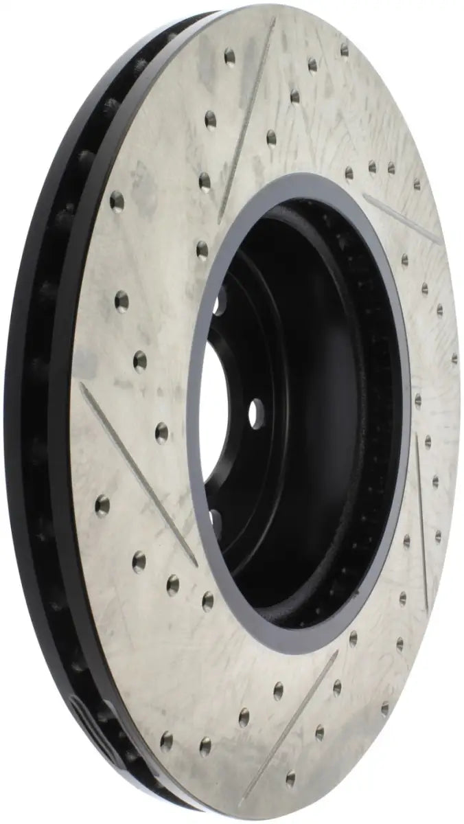 StopTech Sport drilled slotted rear left rotor with silver perforated design